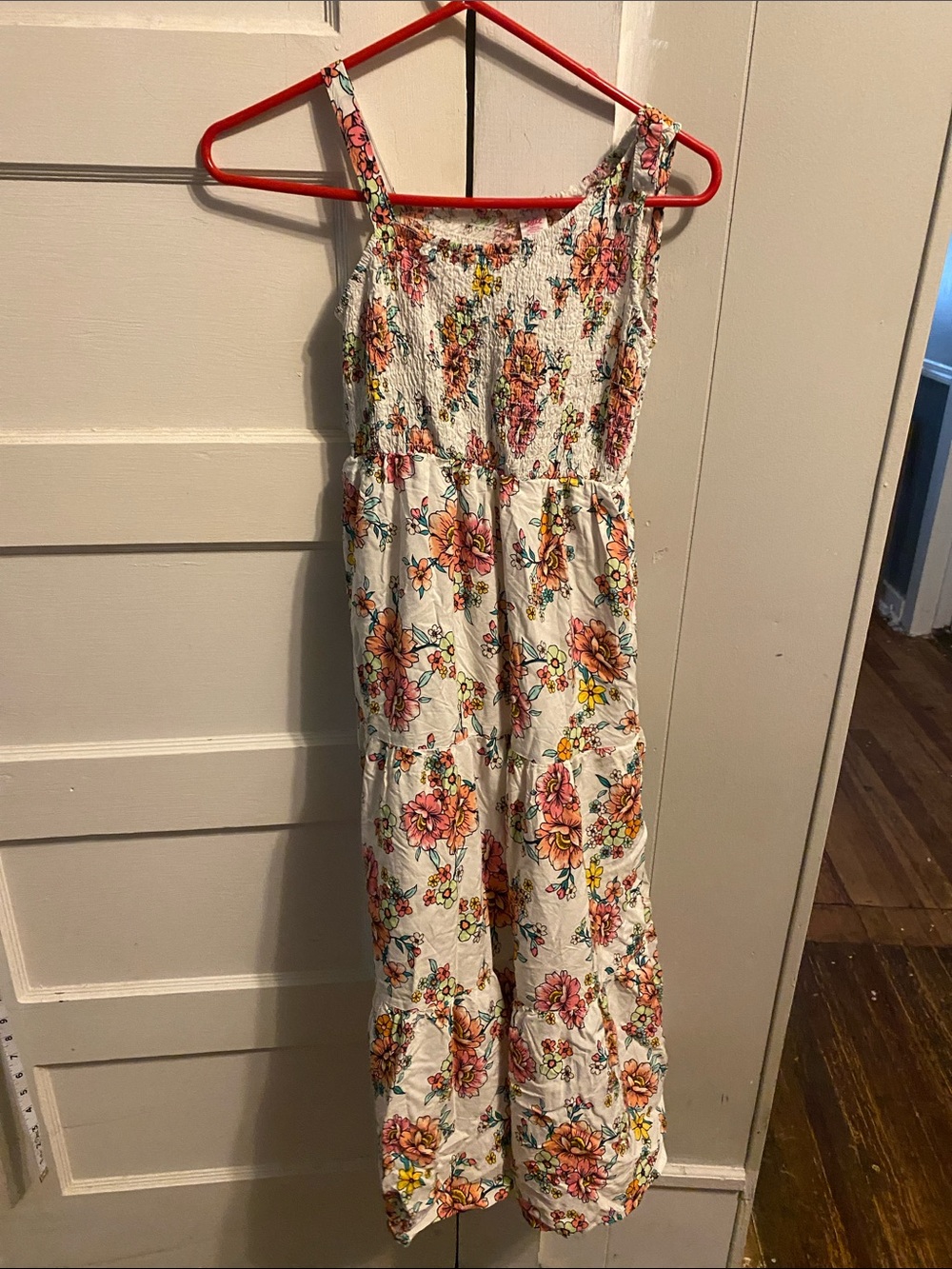 Justice White Floral Smocked Jumpsuit with Pink & Yellow Flowers